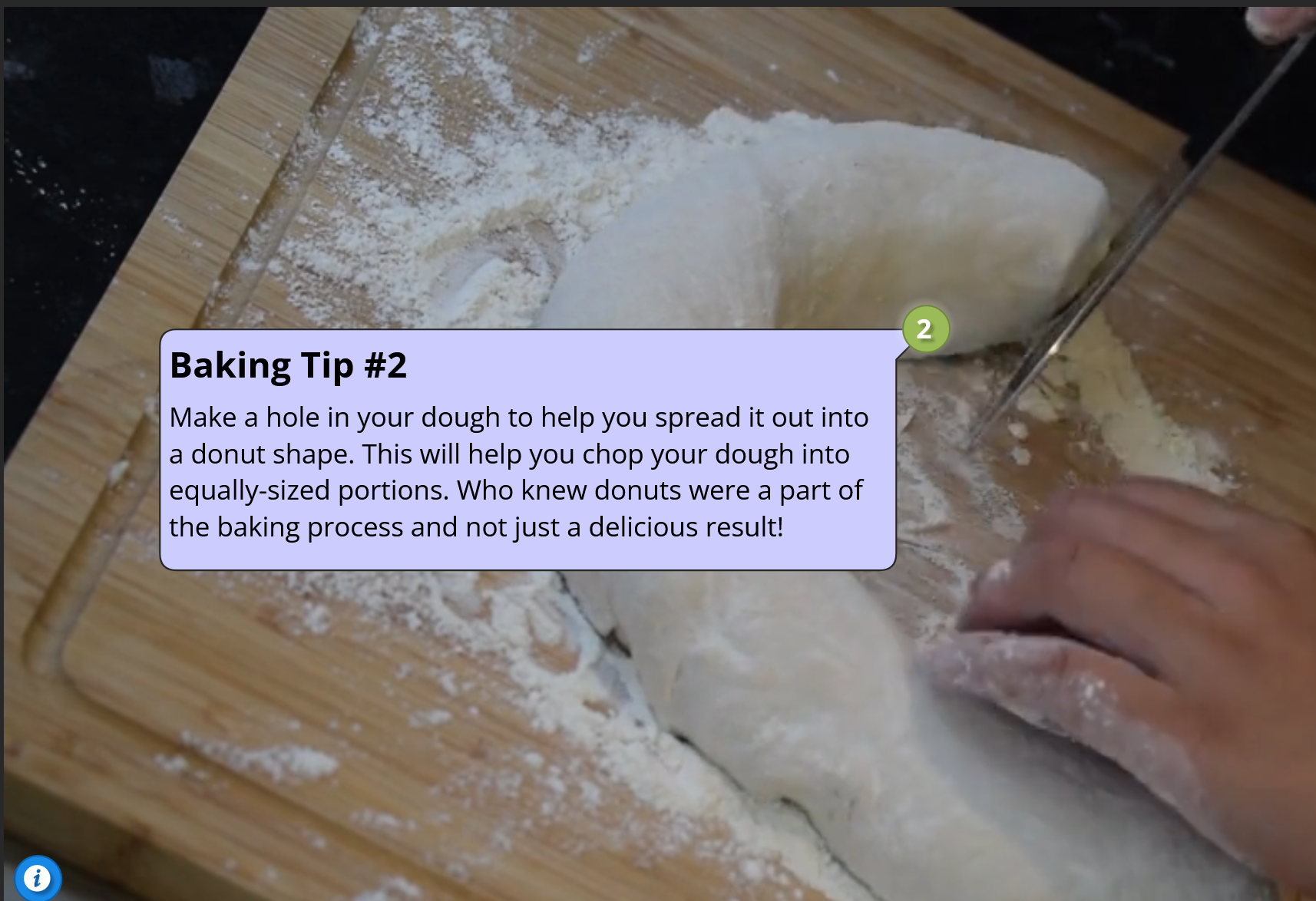 A hand cutting a roll of dough with a baking tip about how to cut the dough shown