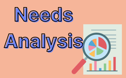 Image showing the words Needs Analysis with a magnifying glass in front of a paper with different charts on it.