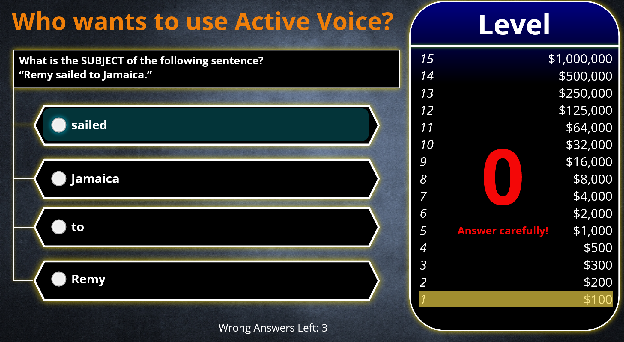 Multiple-choice questions arranged to look like a popular game show